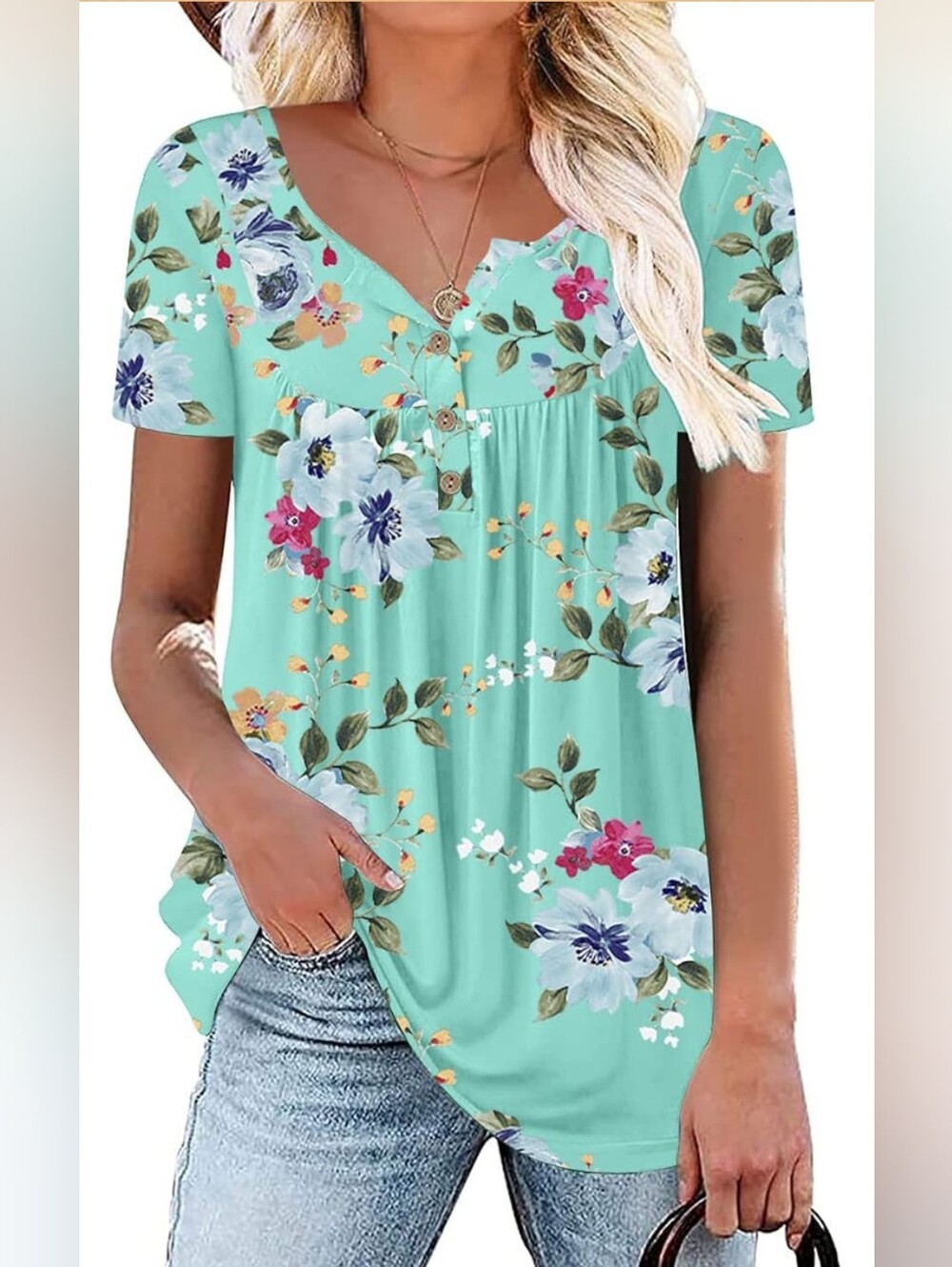 Floral Aqua Short Sleeve Baby Doll Tunic Top